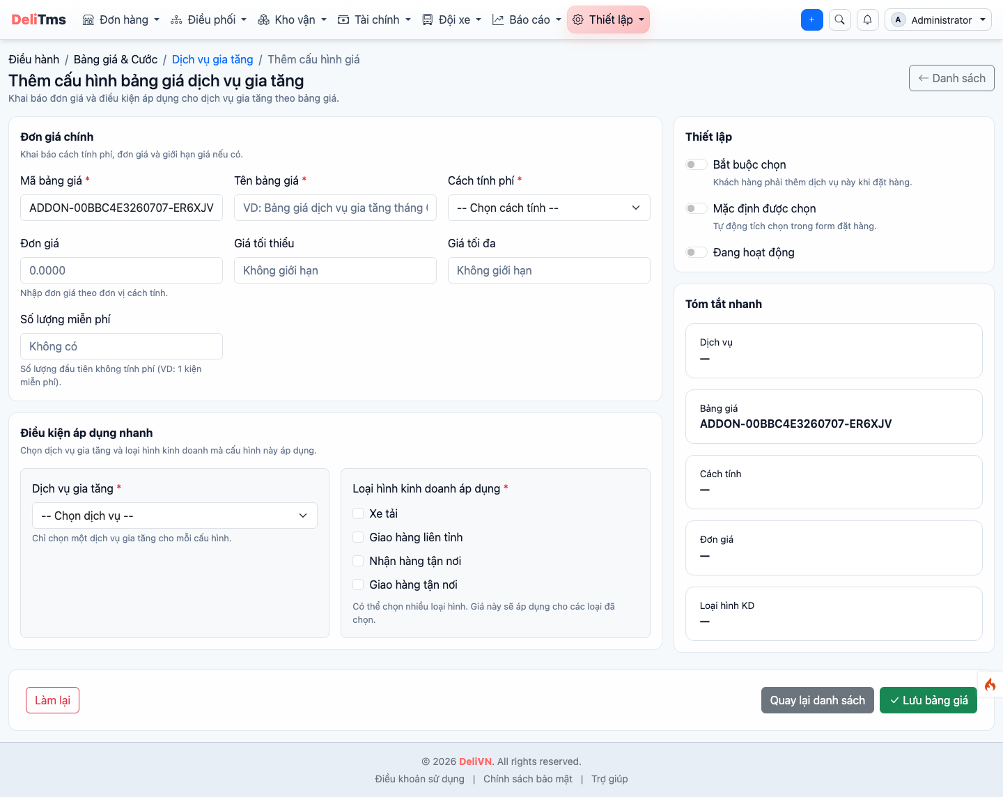 Form Thêm giá dịch vụ gia tăng trên portal — cách tính, cơ sở %, tối thiểu/tối đa, hai công tắc Bắt buộc / Mặc định chọn sẵn.