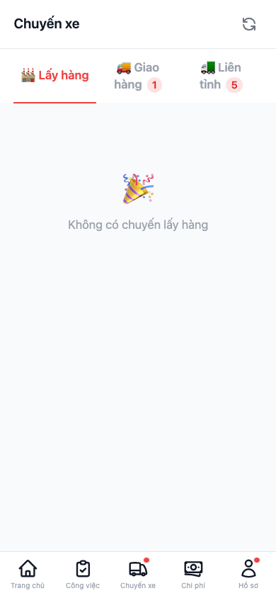 Danh sách chuyến của tài xế — trạng thái và hành trình từng chuyến.