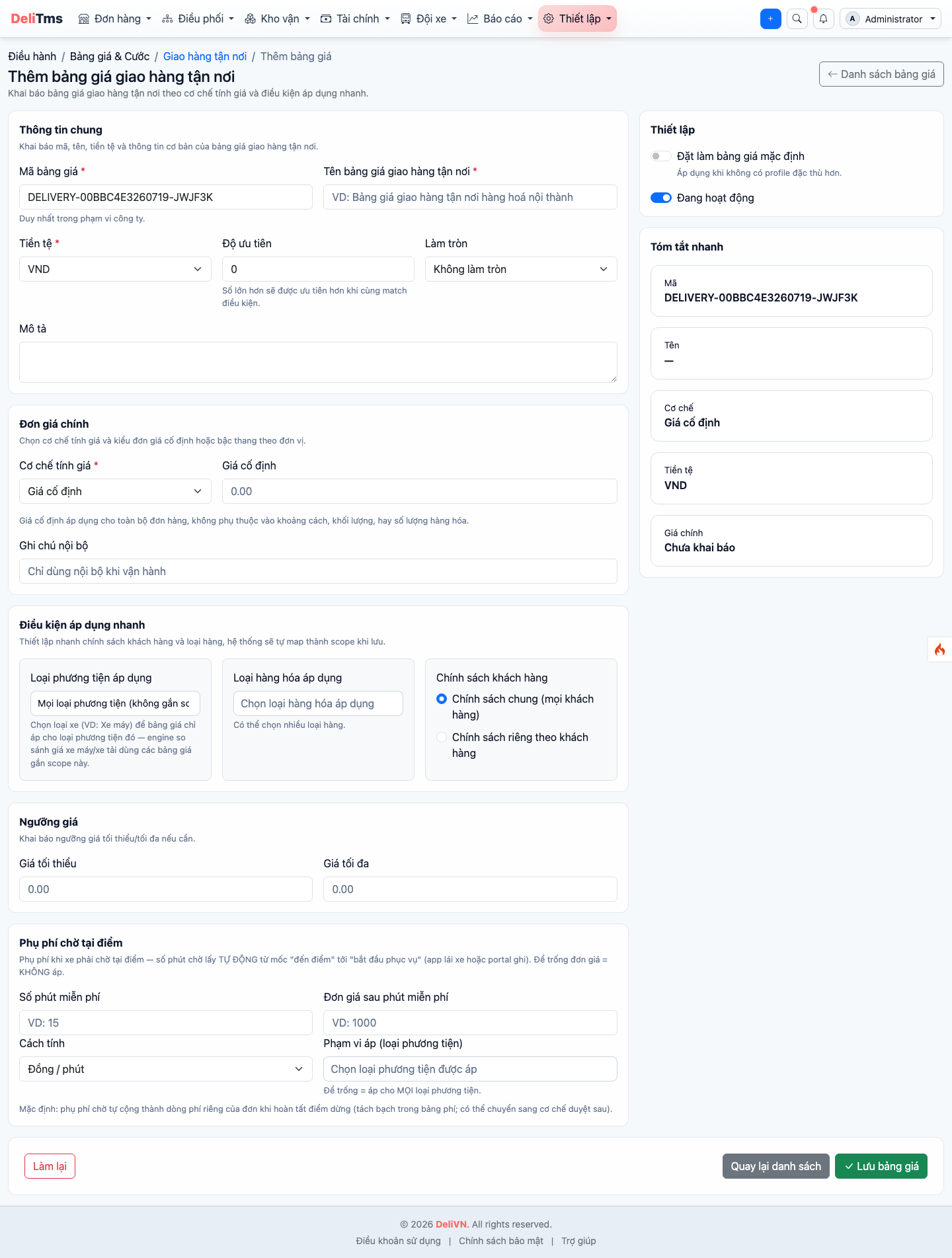 Form Thêm bảng giá giao hàng tận nơi trên portal.