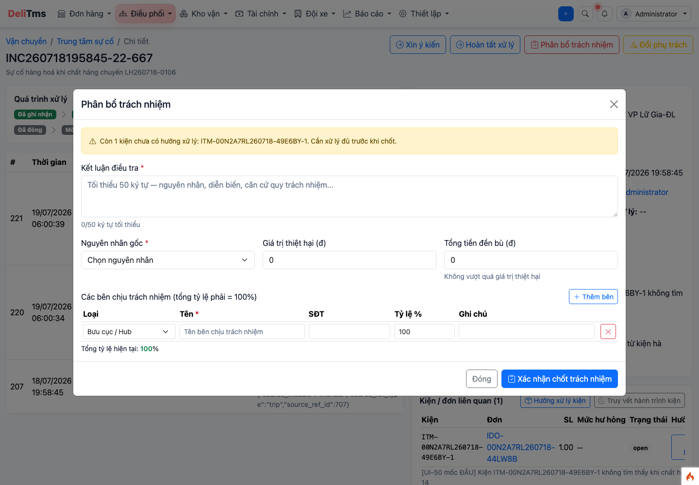 Modal Phân bổ trách nhiệm — kết luận điều tra, thiệt hại/đền bù và các bên chịu trách nhiệm theo tỷ lệ.