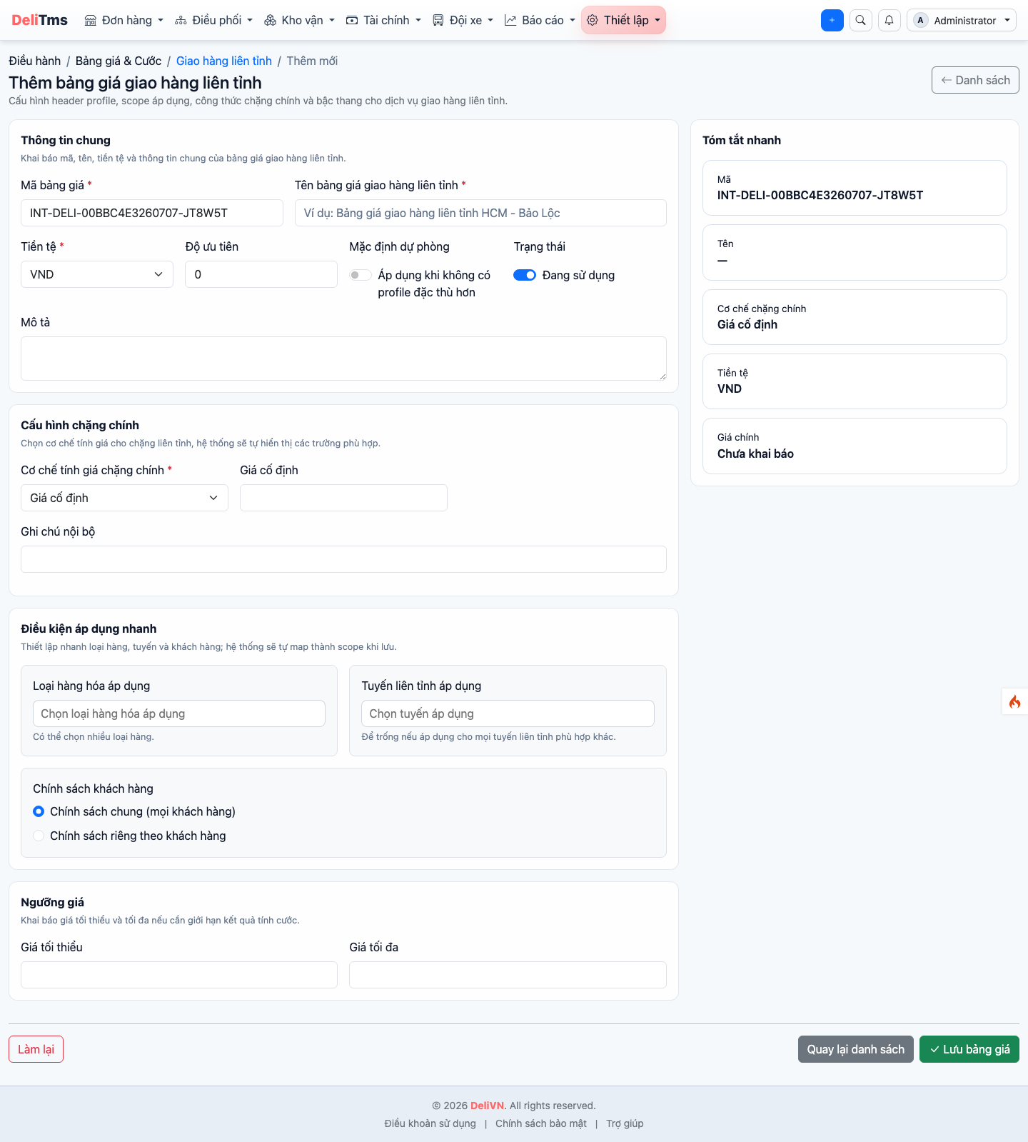 Form Thêm bảng giá giao hàng liên tỉnh trên portal — Thông tin chung, Cơ chế chặng chính, Điều kiện áp dụng nhanh, Ngưỡng giá.