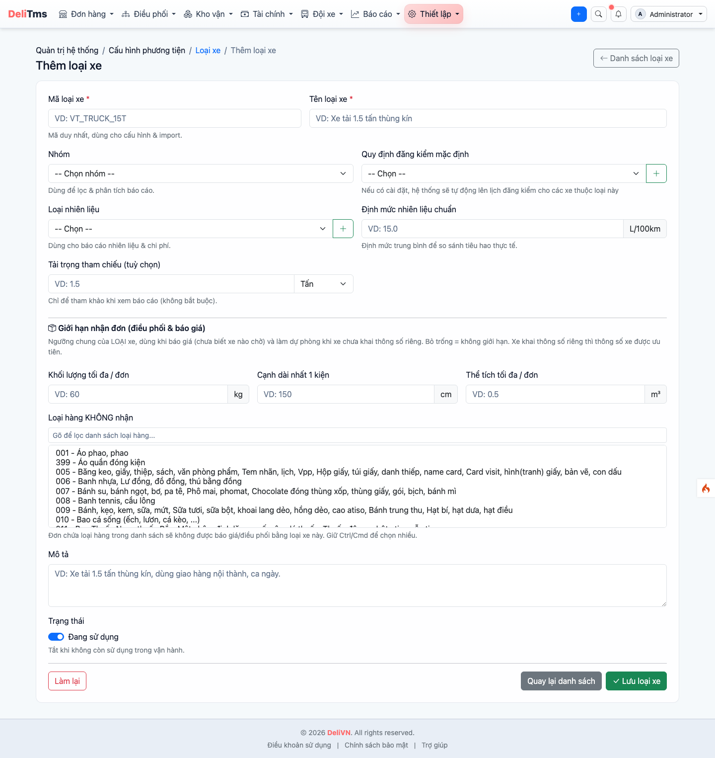 Form loại xe — section Giới hạn nhận đơn: tải trọng, kích thước kiện, thể tích và loại hàng không nhận.