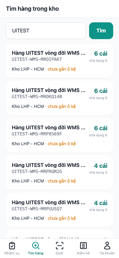 Tìm hàng trong kho theo mã, tên hoặc lô — kết quả kèm tồn, khả dụng và vị trí.