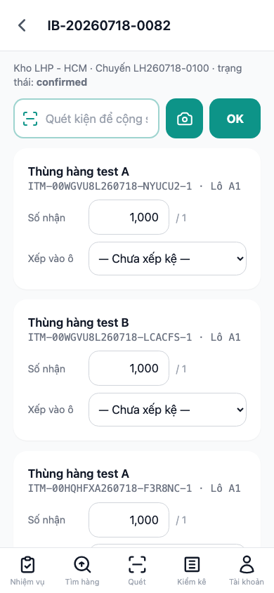 Chi tiết phiếu nhập — ô quét kiện để cộng số nhận, từng dòng hàng có Số nhận và Xếp vào ô.