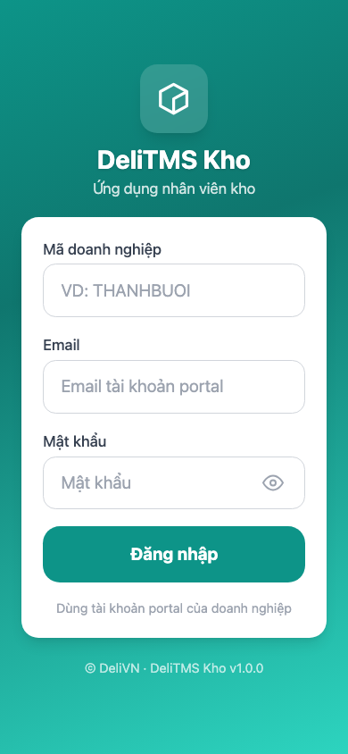 Đăng nhập app thủ kho bằng mã doanh nghiệp, email và mật khẩu tài khoản portal.