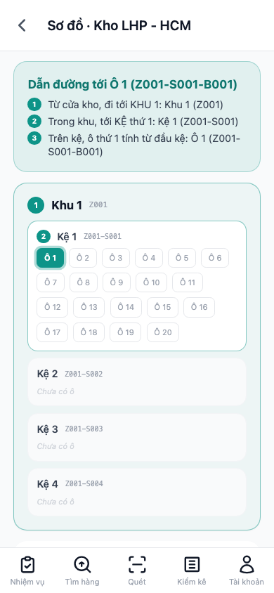 Sơ đồ kho với khối dẫn đường từng bước tới ô kệ, ô đích được tô sáng.