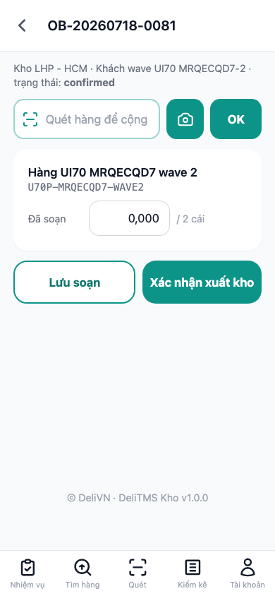 Chi tiết phiếu xuất — quét hàng cộng số đã soạn, nút Lưu soạn và Xác nhận xuất kho.