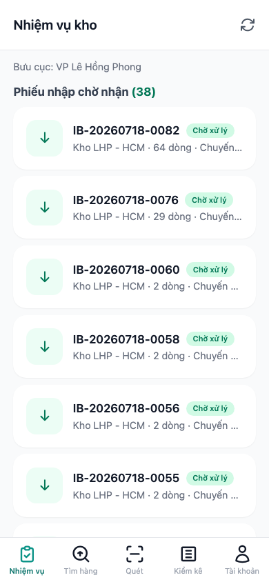 Nhiệm vụ kho — phiếu nhập chờ nhận và phiếu xuất chờ soạn của bưu cục.
